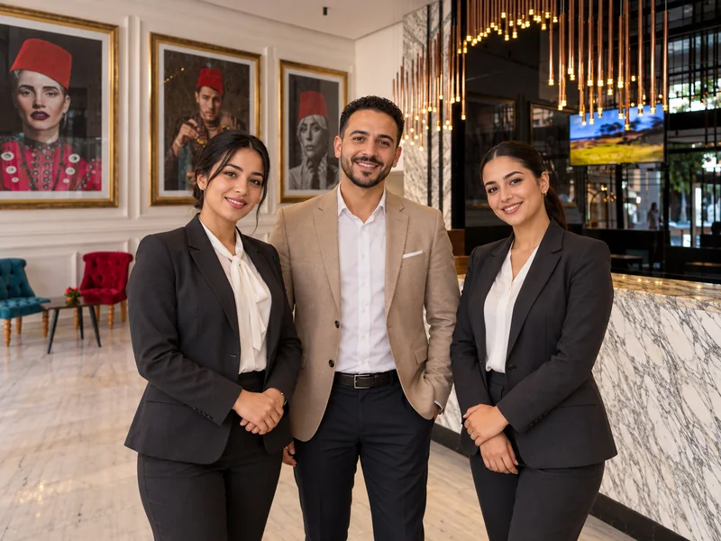 Three people beside the marble reception desk at Stars Hotel & Spa Marrakech