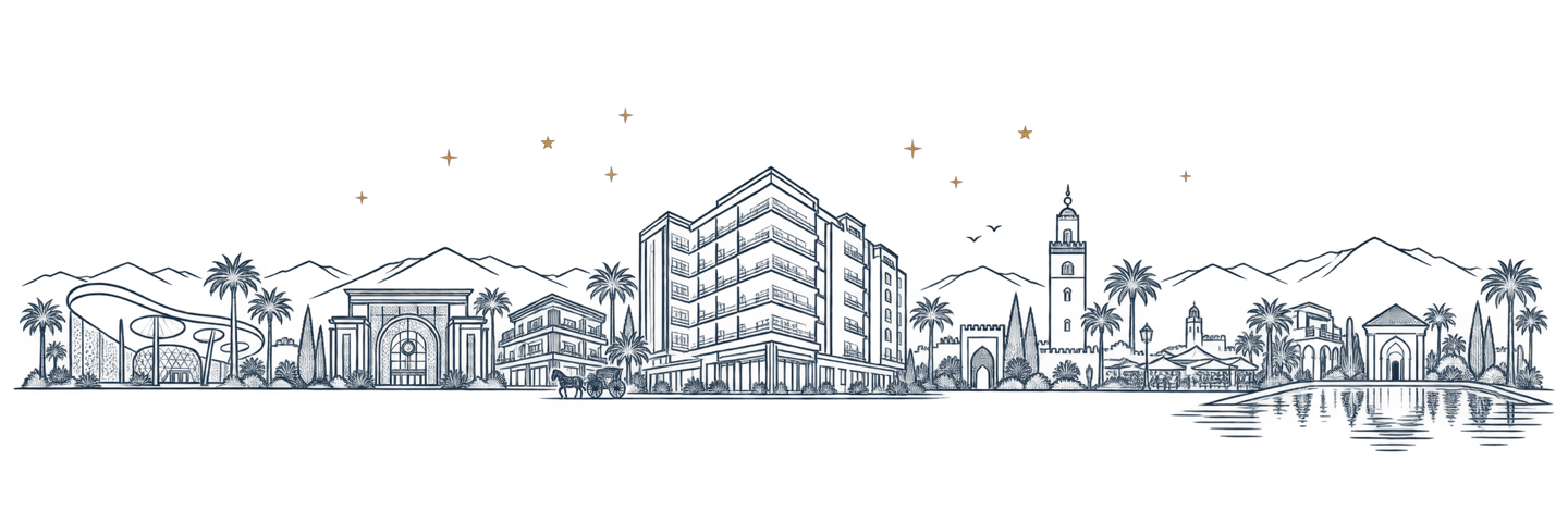 Illustrated Marrakech panorama: Stars Hotel & Spa at the centre, landmarks, palm trees and the Menara Gardens.