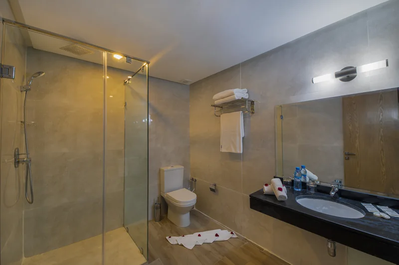 Salle de bains de la Chambre Double, avec douche vitrée et vasque sur plan noir