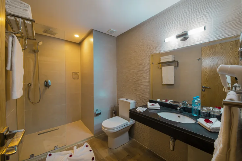 Salle de bains de la Chambre Double avec Balcon, avec douche vitrée et grand miroir